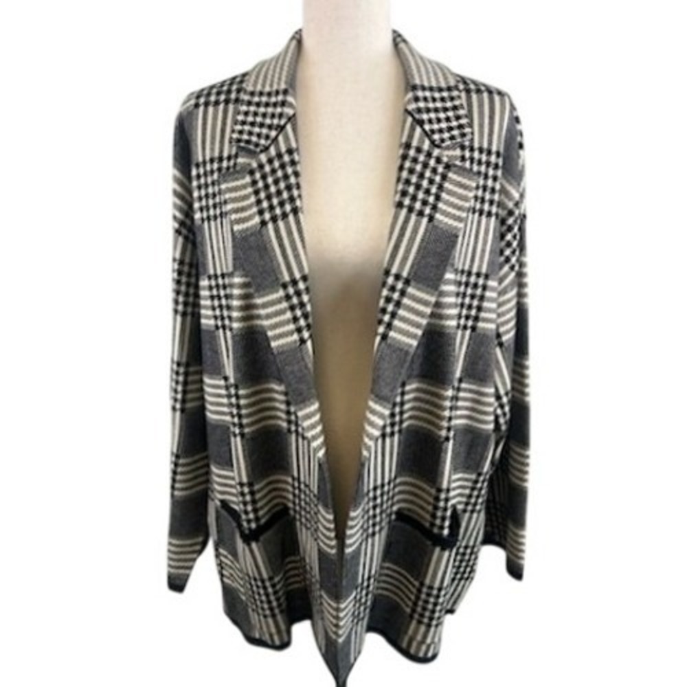 New Anne Klein Plaid Blazer Sweater Open Frontโ Black Gray Career Jacket Size XL
